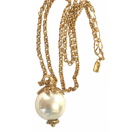 Vintage Yves Saint Laurent golden chain long statement necklace with extra large faux pearl top. Opal shine