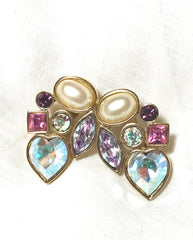 Vintage Yves Saint Laurent crystal and pearl earrings. Must have jewelry piece. Heart, pink, purple, pearl stones.