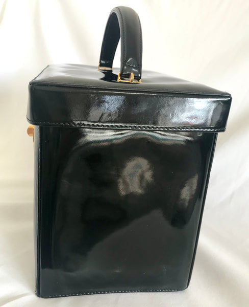 Vintage CHANEL patent enamel vanity bag, lunchbox shape shoulder