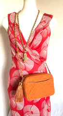 Vintage CHANEL orange tweed matelasse chain shoulder bag, camera bag with CC tassel charm. Must have rare purse.