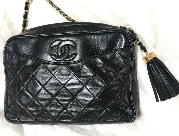 Chanel Lax Tassel Bag Pebbled Leather Extra large Black Vintage