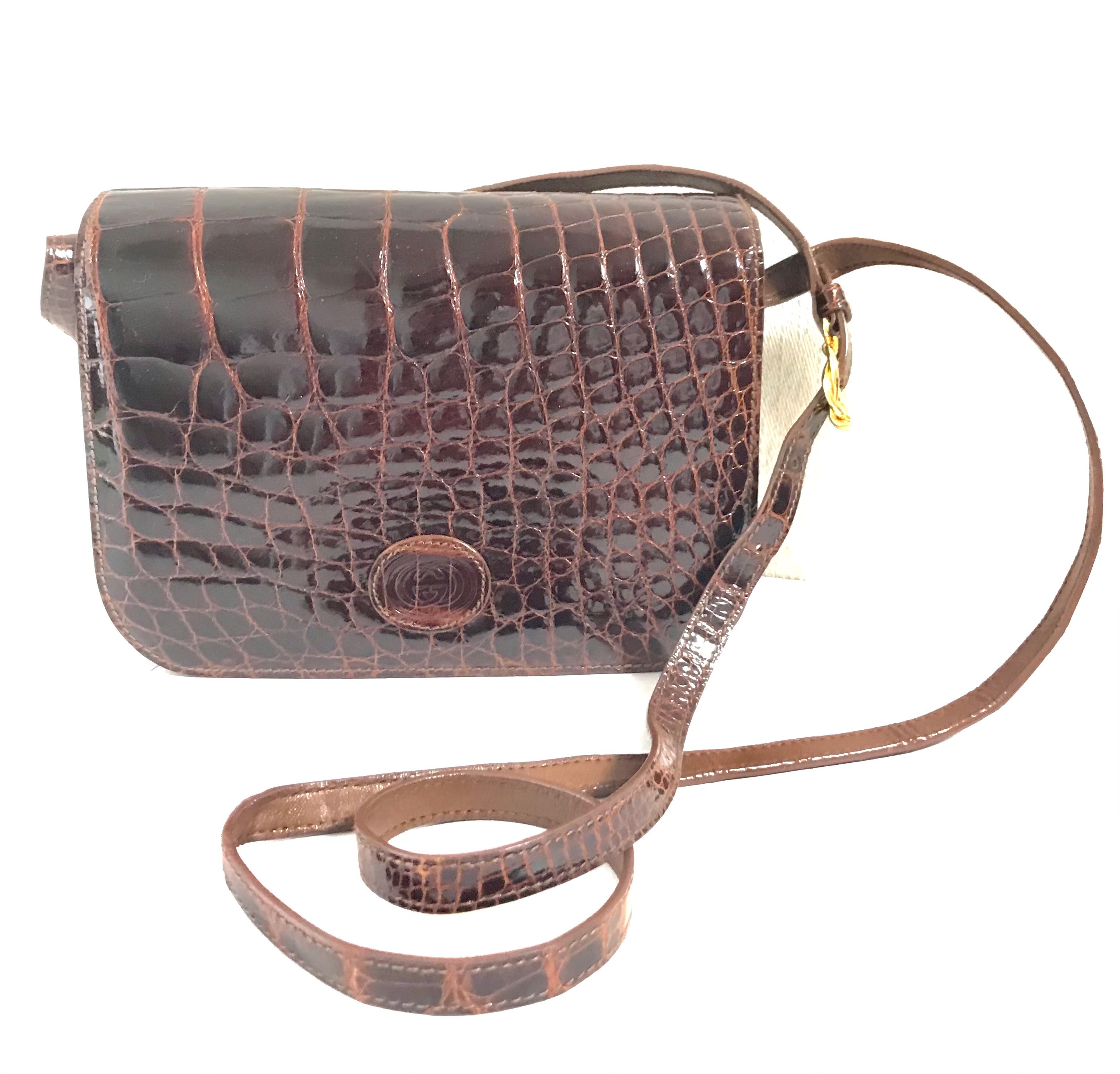 Vintage GUCCI brown crocodile leather shoulder bag with GG mark. Unisex. Rare masterpiece.