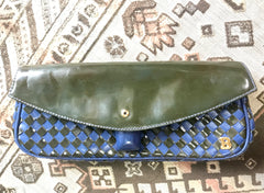 Vintage Bally black and blue enamel intrecciato design leather clutch purse, mini bag. Unique purse with golden B logo charm.