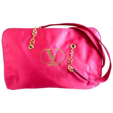 Vintage Valentino Garavani pink satin large tote with gold tone V logo chain straps. Good for daily bag. Great daily use shopper bag.
