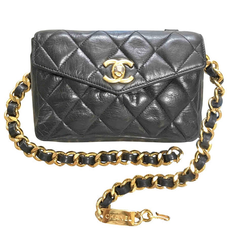 Vintage CHANEL Black Patent Enamel Leather Belt Bag Fanny 