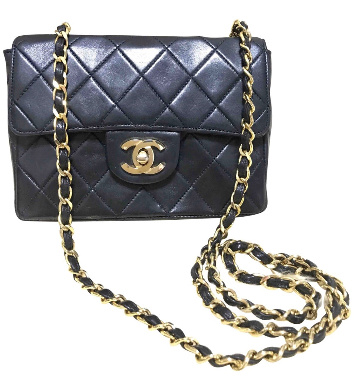 small black chanel bag with gold chain used