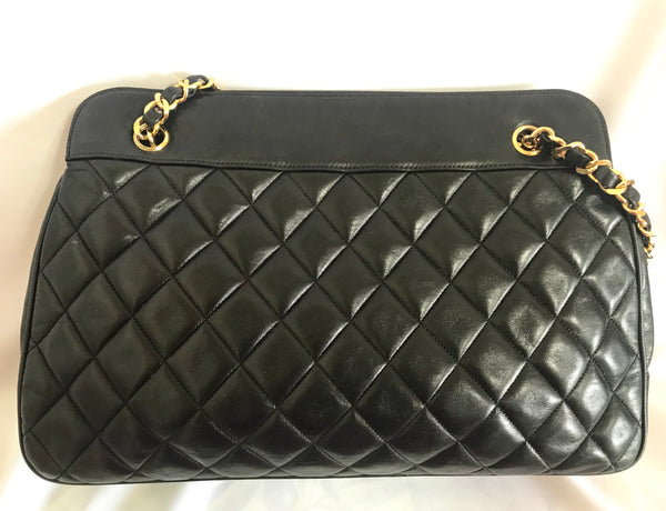 Vintage CHANEL black lambskin large tote bag with gold tone