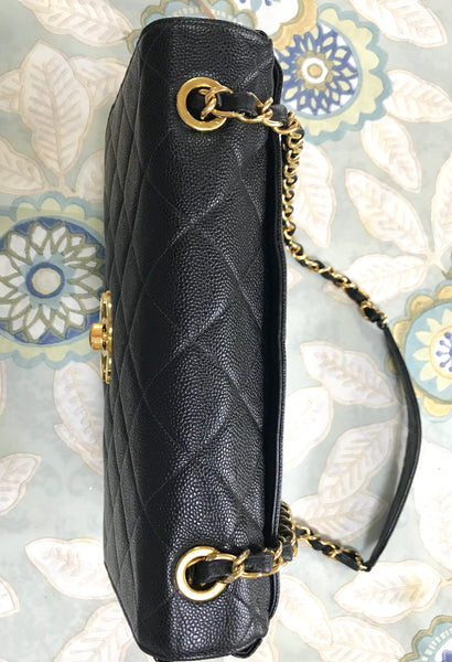 CHANEL Caviar Large Chain Shoulder Bag Black Leather Gold Hardware