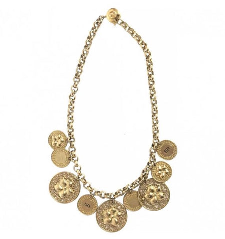 Vintage Sonia Rykiel golden flower and coin motif charm dangling necklace. Gorgeous masterpiece jewelry.