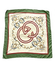 Vintage Gucci green and ivory silk scarf with red GG logo print. Must have classic accessory piece from 80s. 0409212