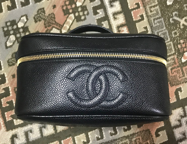 Vintage CHANEL black caviar leather cosmetic, makeup and toiletry