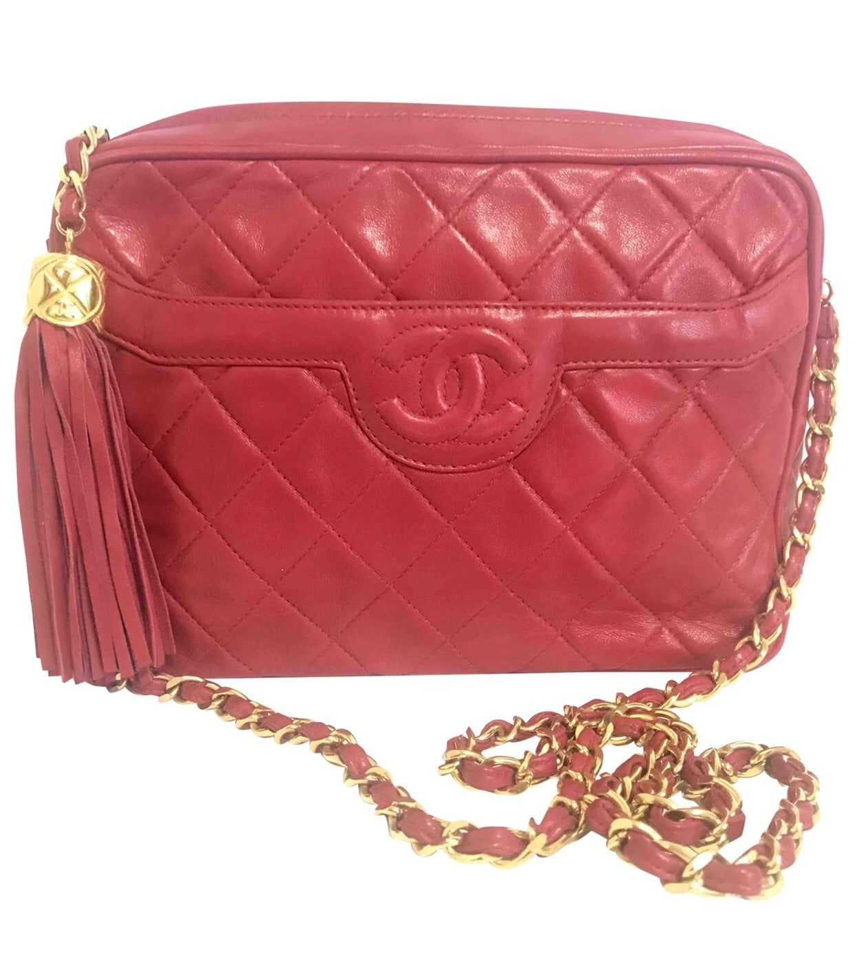 Vintage Chanel red lambskin camera bag style chain shoulder bag