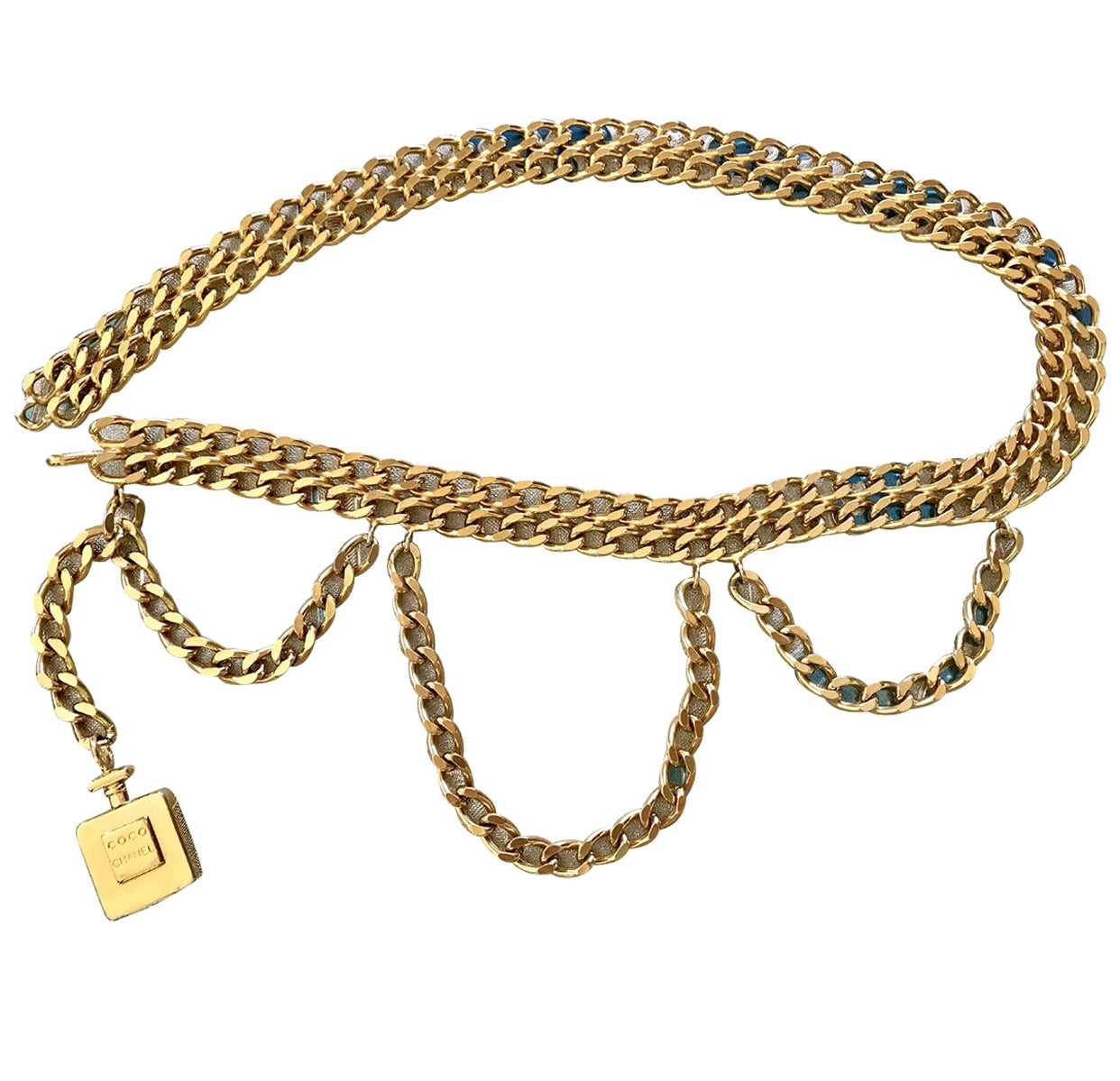Vintage CHANEL golden double chain belt with logo perfume bottle charm and 3 drop strand design. Rare and Gorgeous belt. Perfect gift.