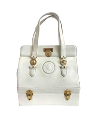 Vintage Gianni Versace ivory white caviar type leather birkin doctor's bag, handbag with jewelry case and golden sun burst motifs.