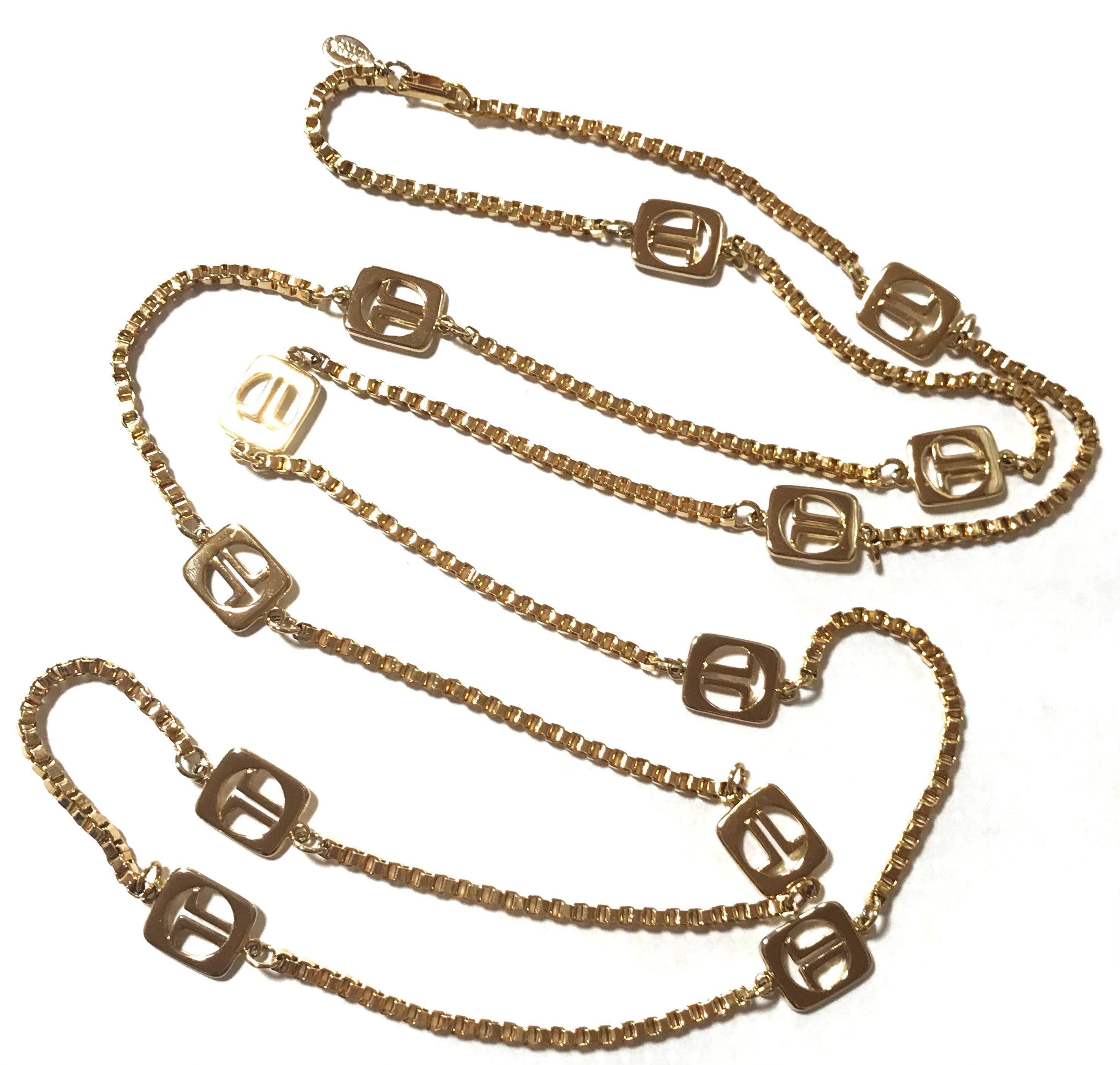 Vintage Lanvin golden chain long necklace with logo motif charms. Rare Lanvin vintage jewelry. Long necklace. 0403311