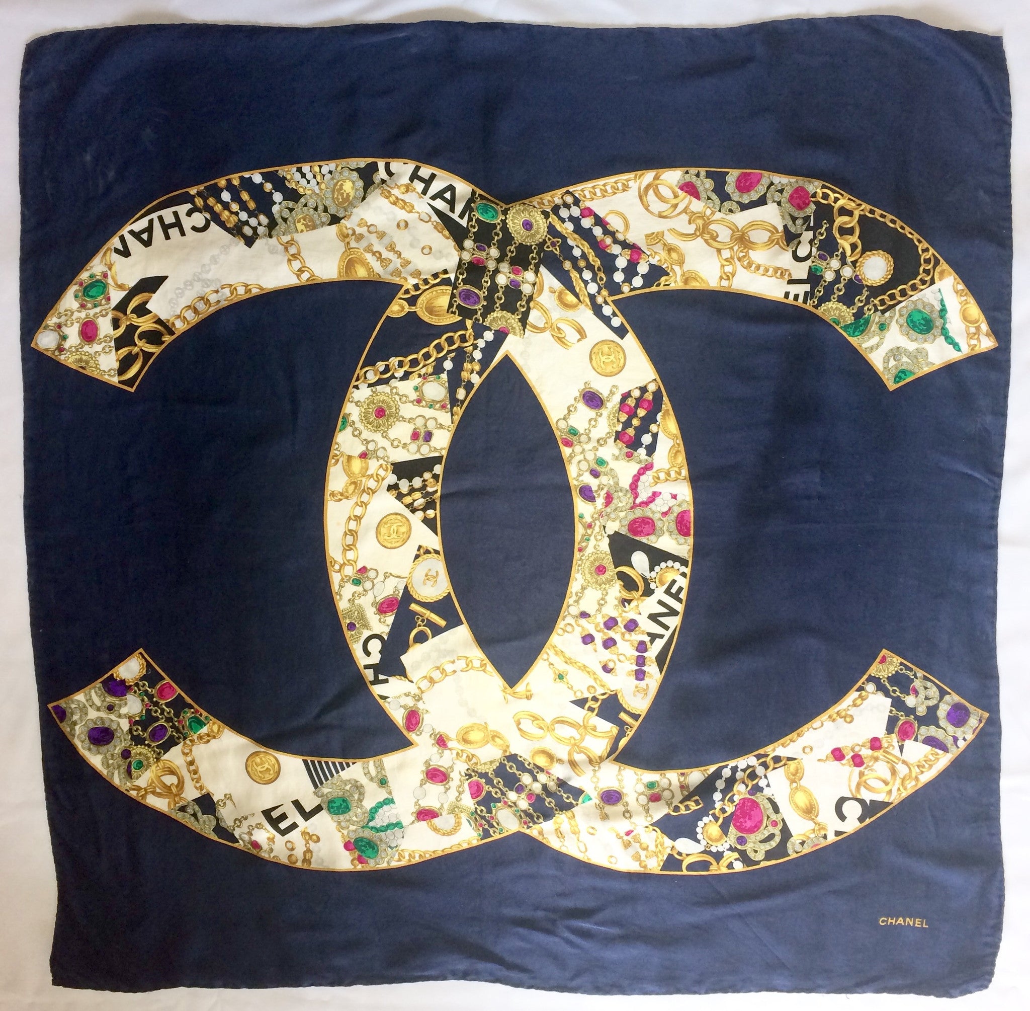 Vintage CHANEL large navy 100% silk scarf with gold, pink, ivory