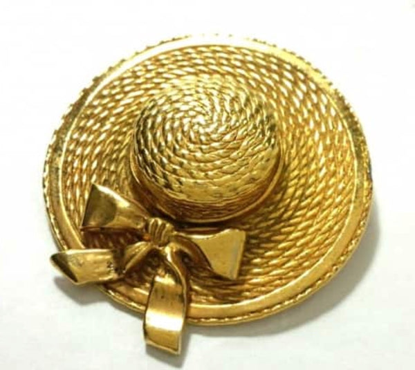 Vintage CHANEL Gold tone hat shape pin brooch. Hat with bow. Very