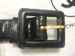 Vintage CHANEL black patent enamel leather waist purse, fanny pack with matching belt. Belt size 27.2” through 34.6”.(69cm through 88cm)