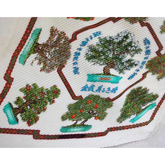 Vintage HERMES carre pleated silk scarf, harness, BONSAI flower and fruits print in white, green, blue, red, and orange. Rare Bonsai