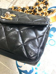Vintage CHANEL black lambskin hip bag, fanny pack with logo bar golden chain belt. Belt legnth max 33", 84cm.