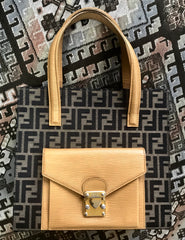 Vintage FENDI classic logo pecan jacquard and mustard yellow epi leather tote bag with golden closure at front.