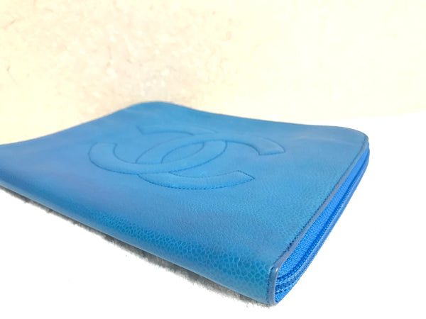 Vintage CHANEL blue caviar clutch bag, iPhone case, large wallet