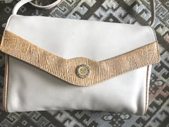 Vintage Celine ivory beige and brown lizard embossed leather combo shoulder bag, clutch purse with golden logo. Celine Sport collection.
