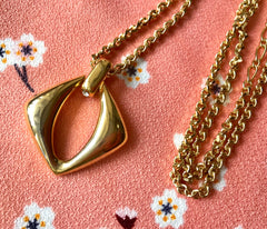 Vintage Yves Saint Laurent, YSL golden chain necklace with outlined square, diamond shape pendant top with crystal stones. Perfect gift