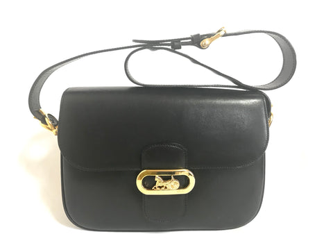 Vintage Celine black leather shoulder bag with golden logo and carriage closure. Elegant and classic purse. Must have daily use piece.