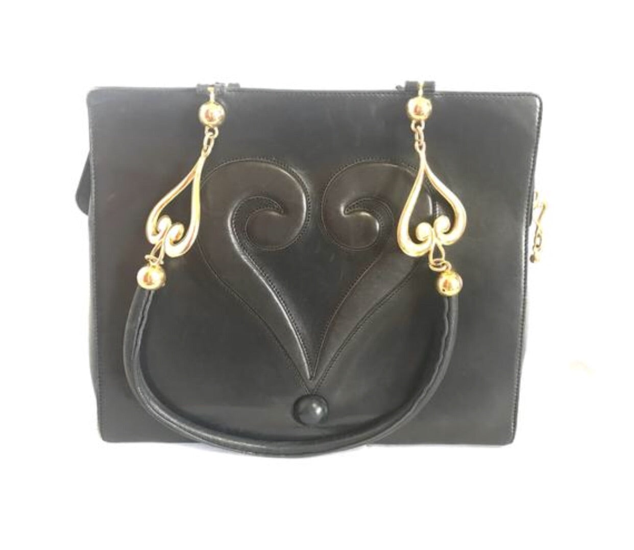Vintage MOSCHINO black nappa leather tote shoulder bag with iconic heart question mark motifs. Must have unique purse by Redwall.