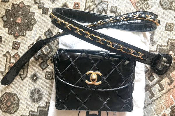 Vintage CHANEL black leather waist purse, fanny pack with golden chain –  eNdApPi ***where you can find your favorite designer  vintages..authentic, affordable, and lovable.