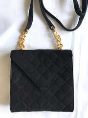 Vintage Sonia Rykiel black suede leather purse with golden logo brass. Quilted suede bag. 0404254