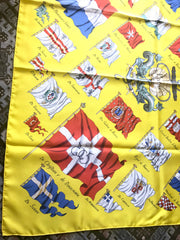 Vintage HERMES Carre large yellow silk scarf with red, blue, and white flag print. Best foulard.  PAVOIS.