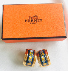 Vintage Hermes cloisonne golden earrings with blue and yellow chain, medal charm, H logo jewelry print design. Great gift idea.