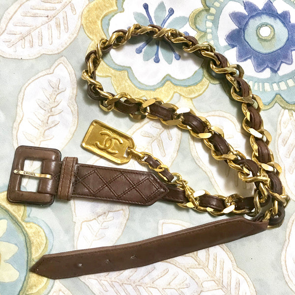Vintage CHANEL brown leather chain belt with golden hanging square log –  eNdApPi ***where you can find your favorite designer  vintages..authentic, affordable, and lovable.