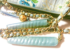 Vintage CHANEL Japanese kimono design jacquard fabric and blue leathers shoulder bag with golden CC charm. One-of-a-kind purse. 0405031re3
