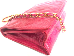 Vintage CHANEL hot pink genuine lizard leather envelop style flap shoulder bag with CC stitch mark and golden chain strap. Rare masterpiece. 050316r2