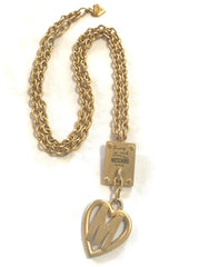 Vintage Moschino chain classic necklace with square plate and M logo heart pendant top.