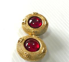 Vintage CHANEL golden frame and red round gripoix glass stone earrings with CC marks. Beautiful jewelry piece.