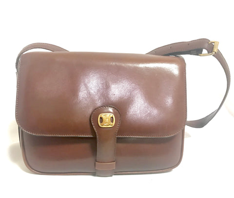 Vintage CELINE genuine brown leather shoulder bag with golden logo motif at front. Rare Celine leather bag