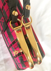 Vintage Roberta di Camerino wine red, grey, and black geometric pattern velvet handbag with golden logo charms. Rare masterpiece purse.