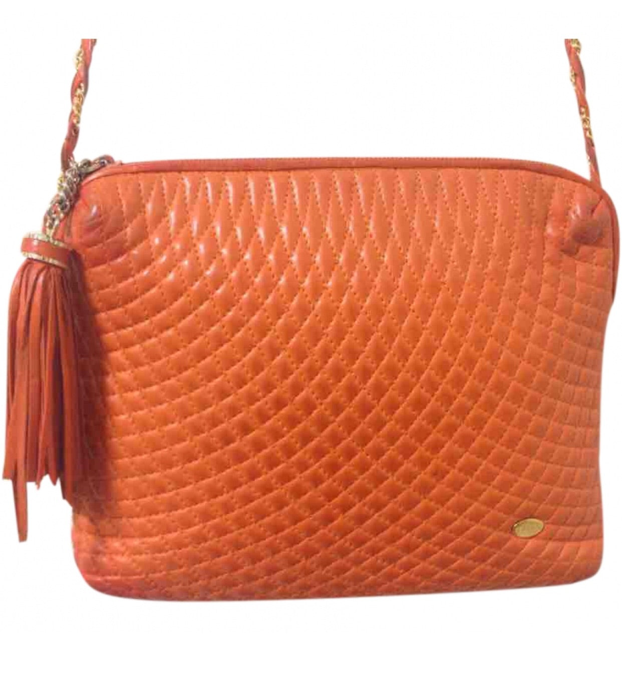 Vintage BALLY rare color, orange quilted lambskin golden chain shoulder purse with golden motif and matching tassel.