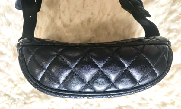 Vintage CHANEL black lamb leather waist bag, fanny pack with