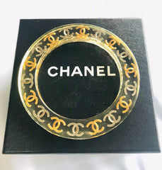 Vintage CHANEL resin bangle, bracelet with gold and silver CC marks. One of a kind jewelry piece. Best piece for summer.