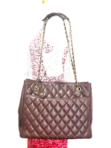 Vintage Chanel Leather Tote with Quilted Bottom & Chain Strap