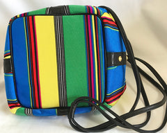 Vintage Gianni Versace mini hobo bucket style shoulder bag in blue, yellow, green and other color fabric and black leather combination.