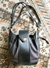 Vintage Yves Saint Laurent  black and purple hobo bucket shoulder bag with leather trimmings and golden logo plate. YSL classic purse.