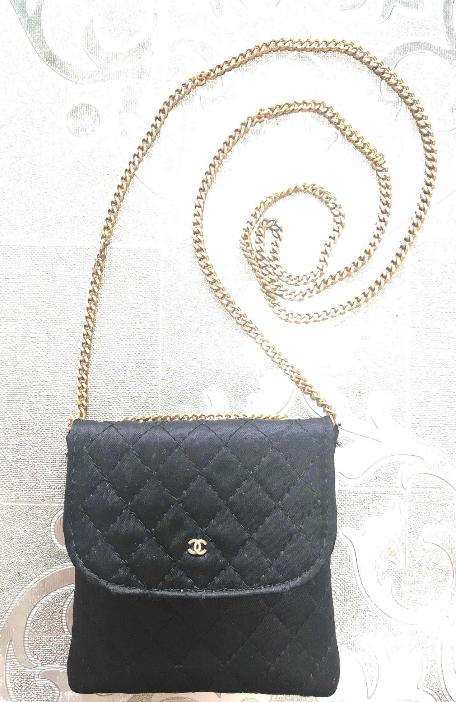 Vintage Chanel black quilted satin fabric mini pouch, coin purse