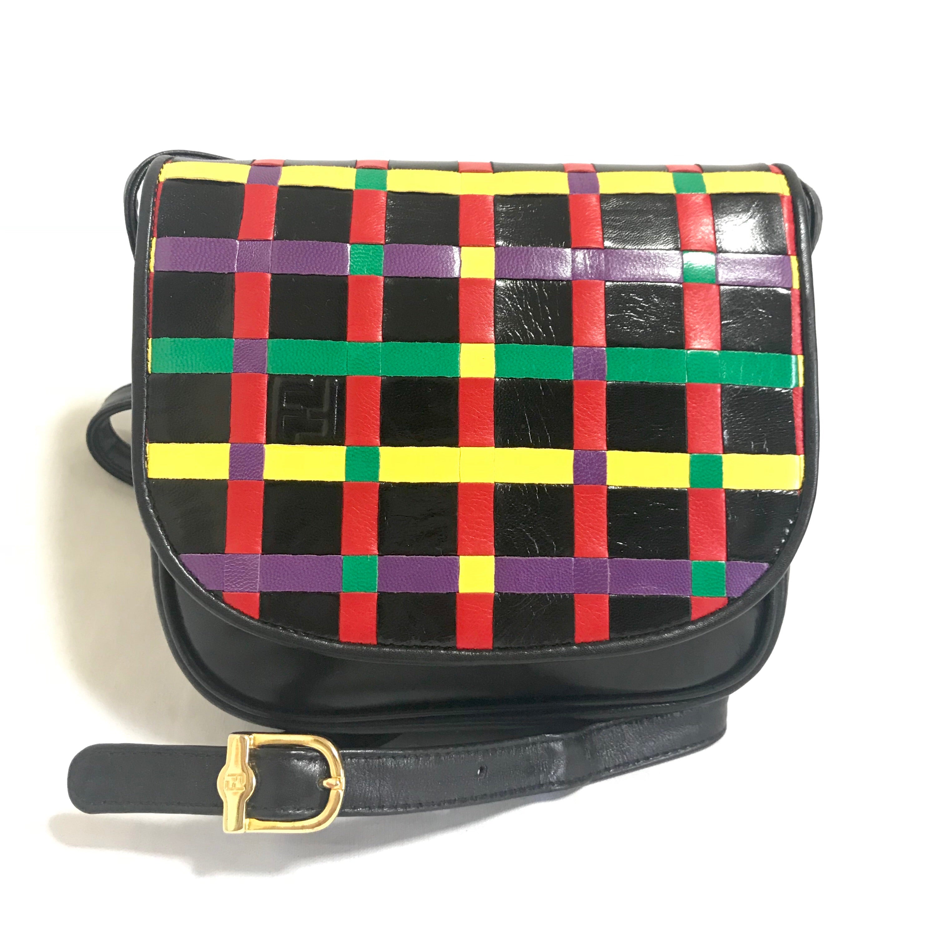 Vintage FENDI black, red, yellow, multicolor woven flap mini