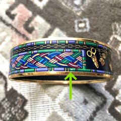 Vintage Hermes golden enamel and cloisonne bangle, bracelet with blue, purple, green etc. Scissors and woven tape motifs.